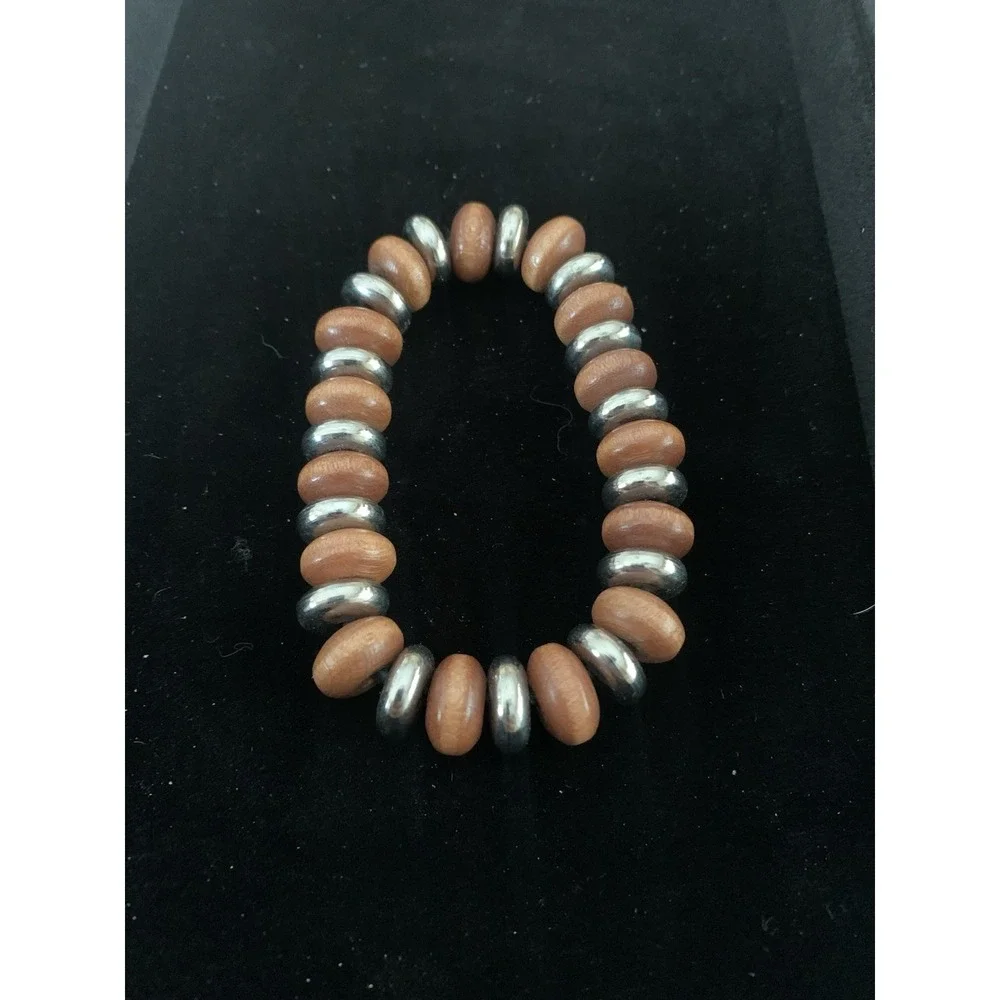 Bohemian Chic Natural Wooden And Silver Tone Metal Beaded Disc Stretch Bracelet